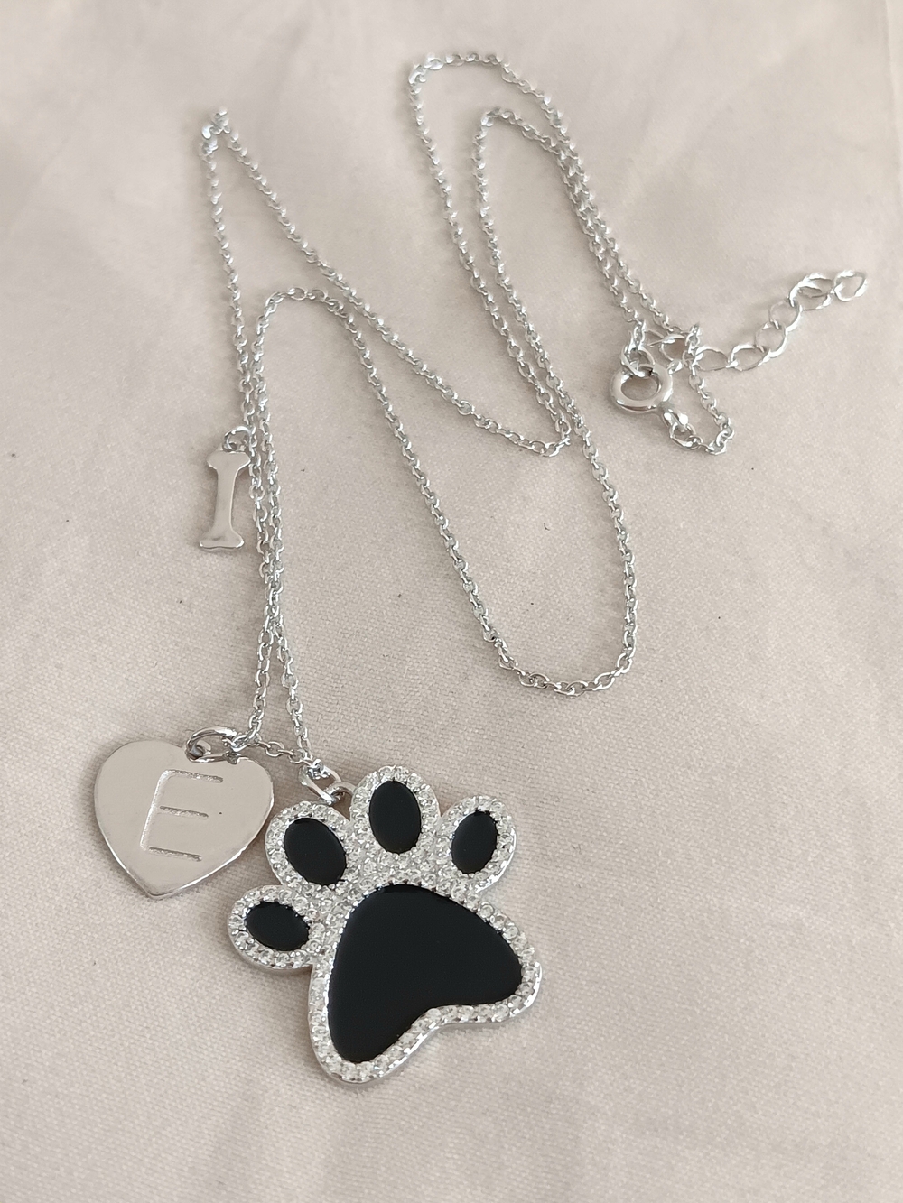 Sterling Silver Paw Pendant Necklace 18" with Black Enamel Paw
